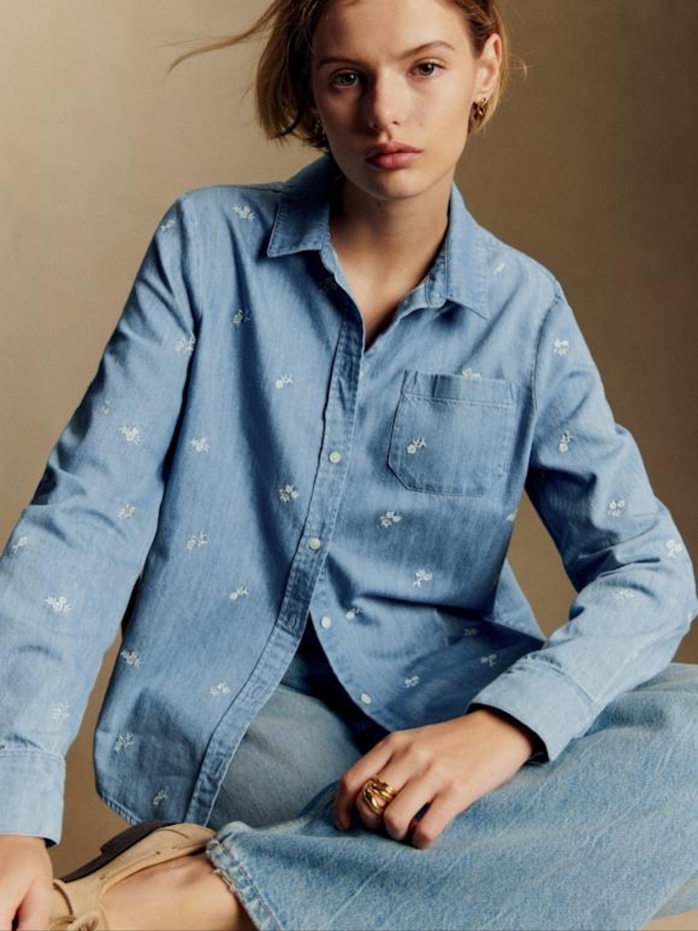 Sezane Tomboy Embroidered Chambray Denim Button Down Shirt Size 34 US 2
